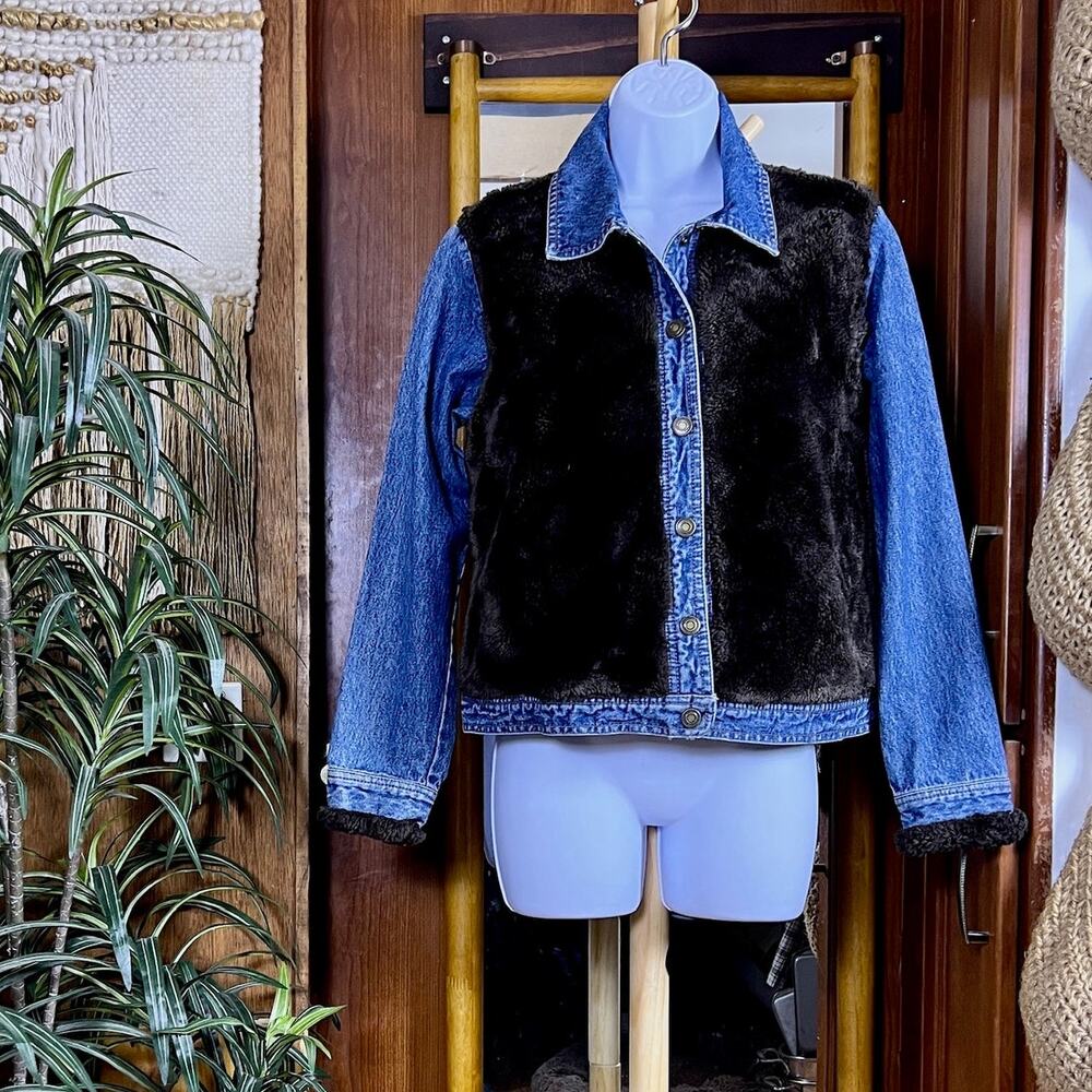 Dizzy Lizzie Faux Fur Denim Jacket Womens S Brown Western Y2K Cowgirl Jean Coat